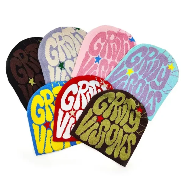 Wholesale Stock Custom Graphic Design Printed Jacquard Woven Knitted Streetwear Beanies Caps Skully Hat Y2K Reversible Beanie