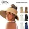 Customize Sun Visor Hats for Women Wide Brim Straw Panama Roll-Up Ponytail Summer Beach Hat UV UPF Packable Foldable Travel