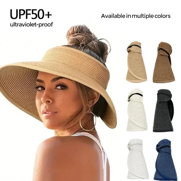 Customize Sun Visor Hats for Women Wide Brim Straw Panama Roll-Up Ponytail Summer Beach Hat UV UPF Packable Foldable Travel