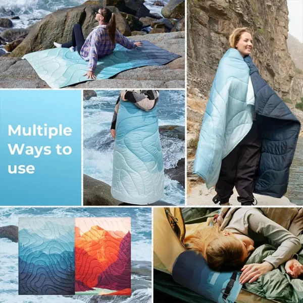 Ultralight Camping Blanket Down Alternative Puffy Printed Wearable Blanket Snap Buttons Corner Loops Weatherproof Quilt Outdoor